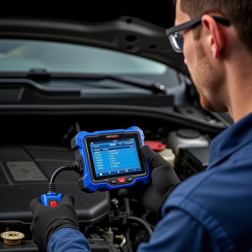 Mechanic Using Engine Diagnostic Tools on a Car