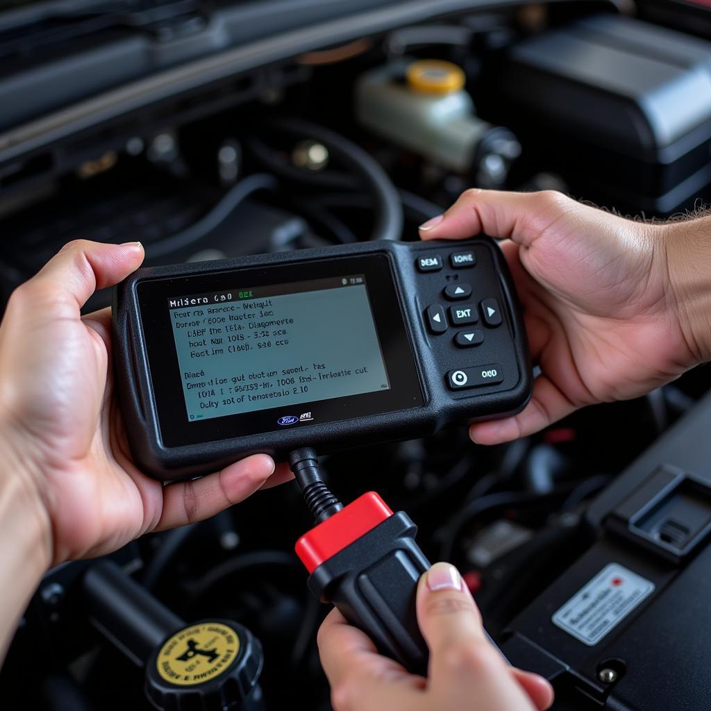 Technician using a Ford 6.0 diagnostic tool to troubleshoot engine problems