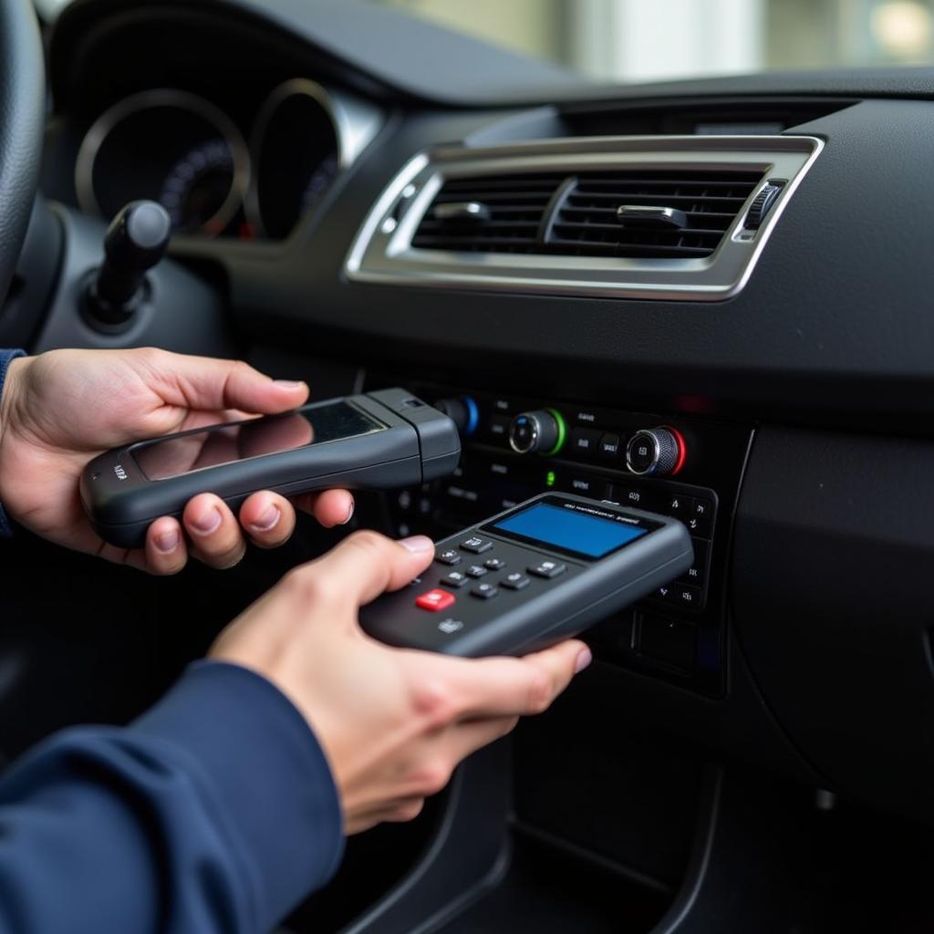 Technician connecting a hardware diagnostic tool to the OBD port of a car