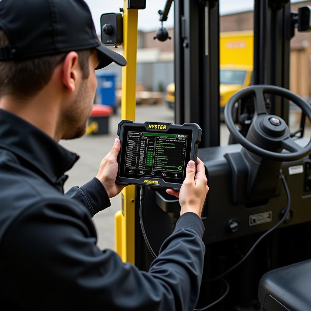 Technician Using Hyster Forklift Diagnostic Tool