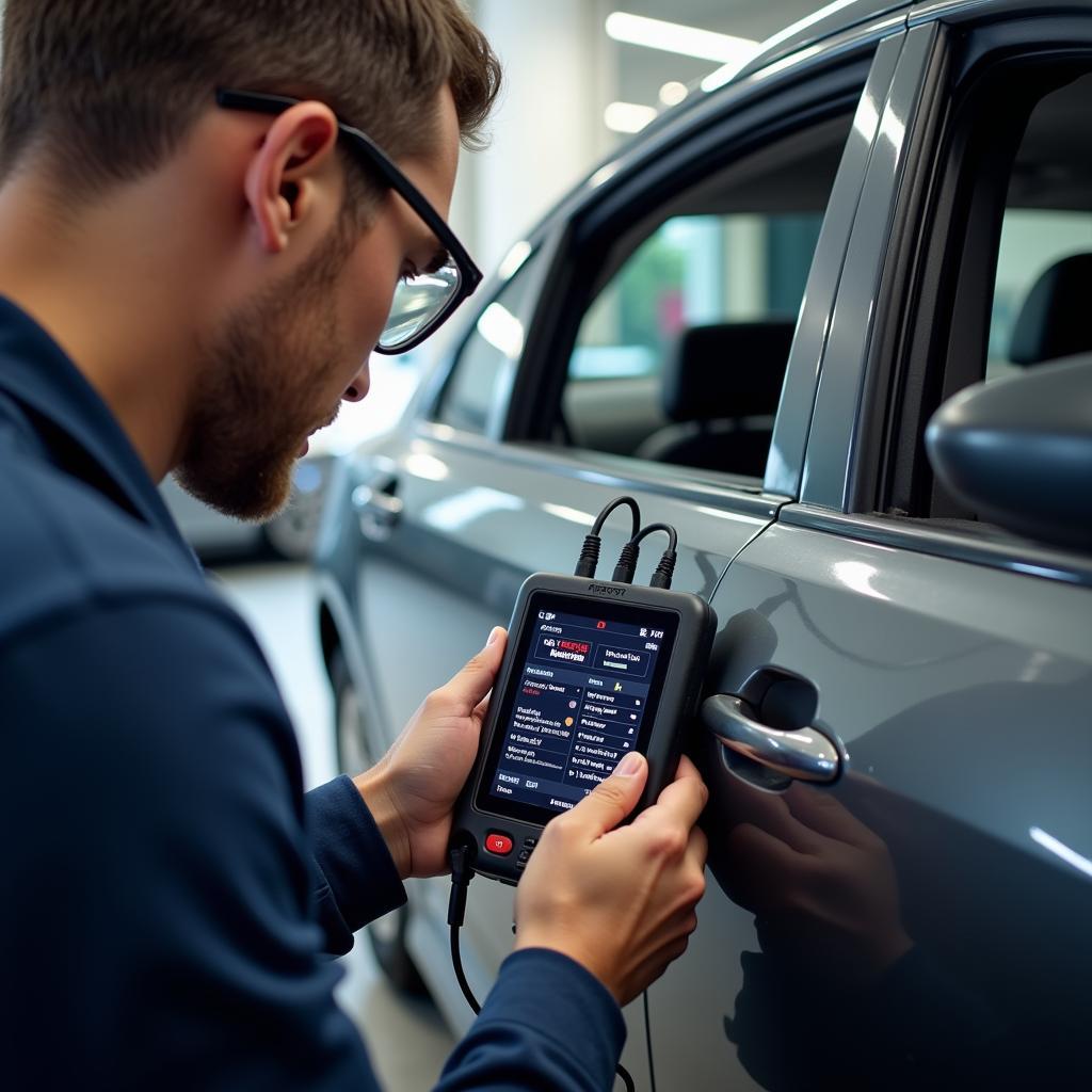 Locksmith using a scanning tool on a car's OBD-II port