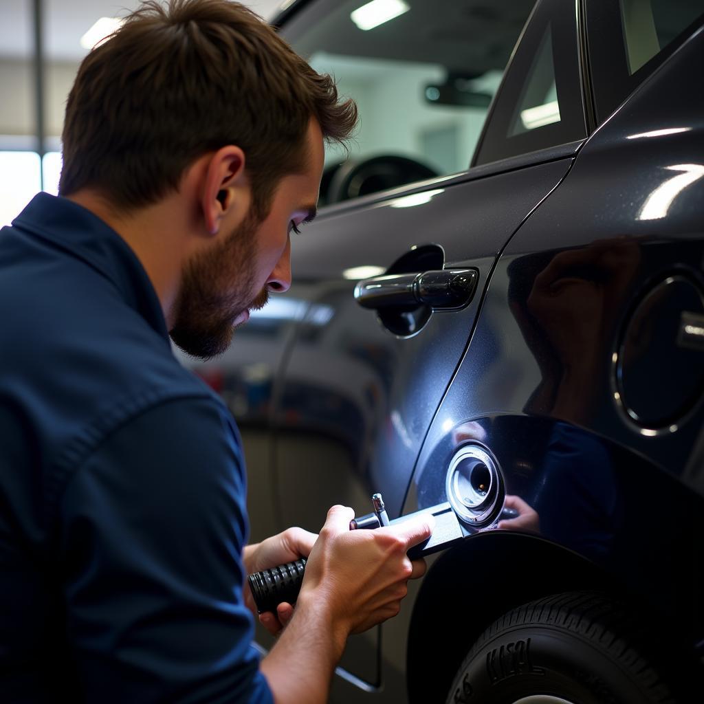 Mechanic inspecting car's diagnostic port