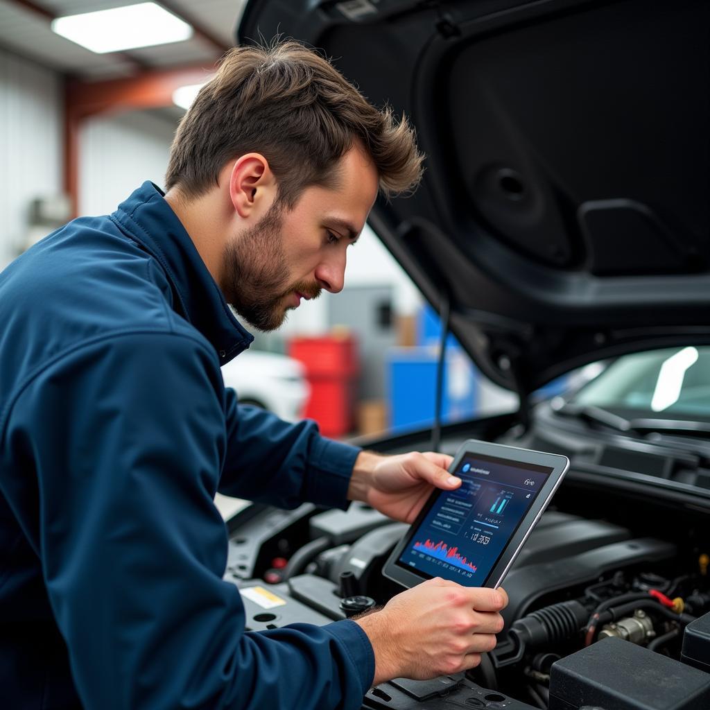 Mechanic using an Android tablet with a bidirectional scan tool to diagnose a vehicle.