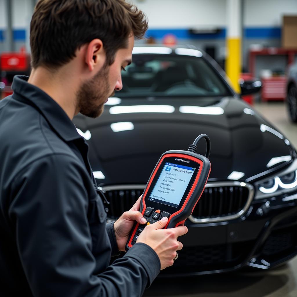 Mechanic Using BMW OEM Diagnostic Tool in Workshop