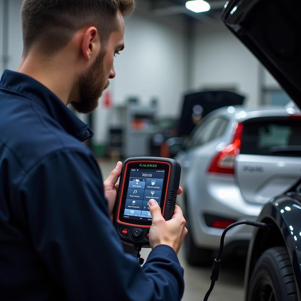 Mechanic Using callerid.com Diagnostic Tool in Workshop