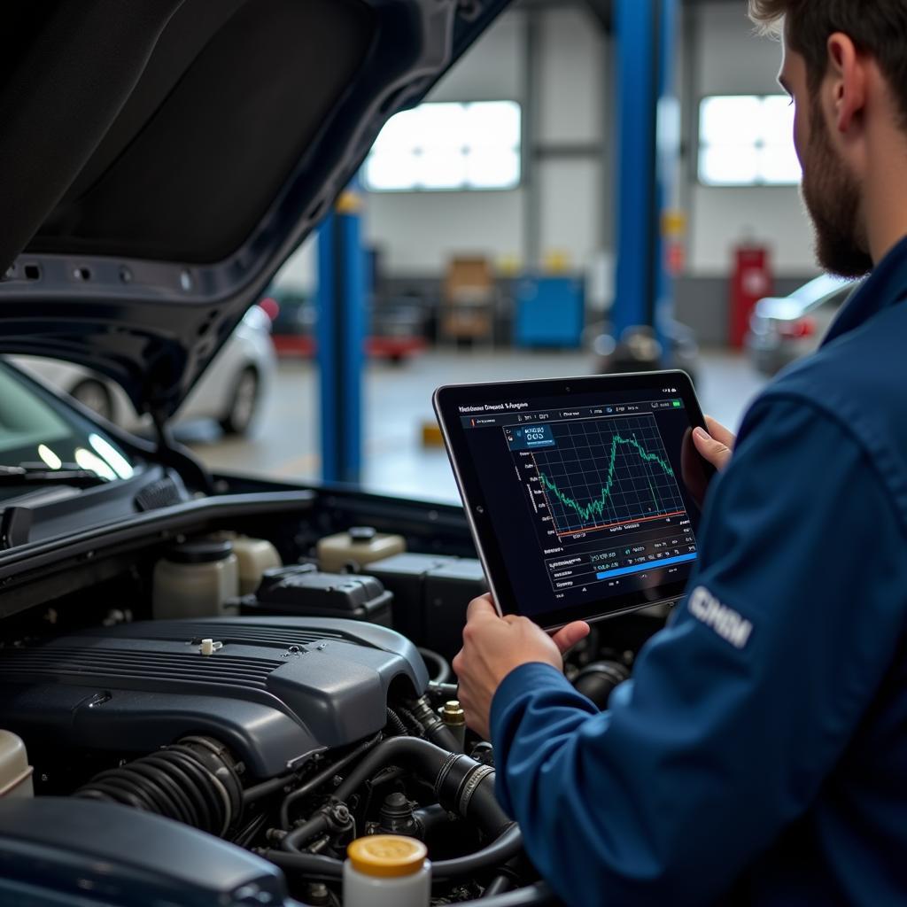 Mechanic Using Diagnostic Tablet