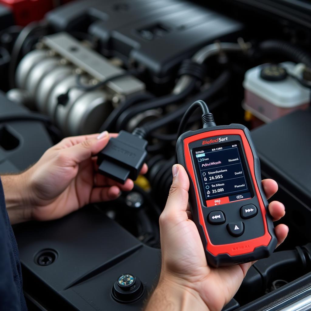 Mechanic Using Diagnostic Tool on Car