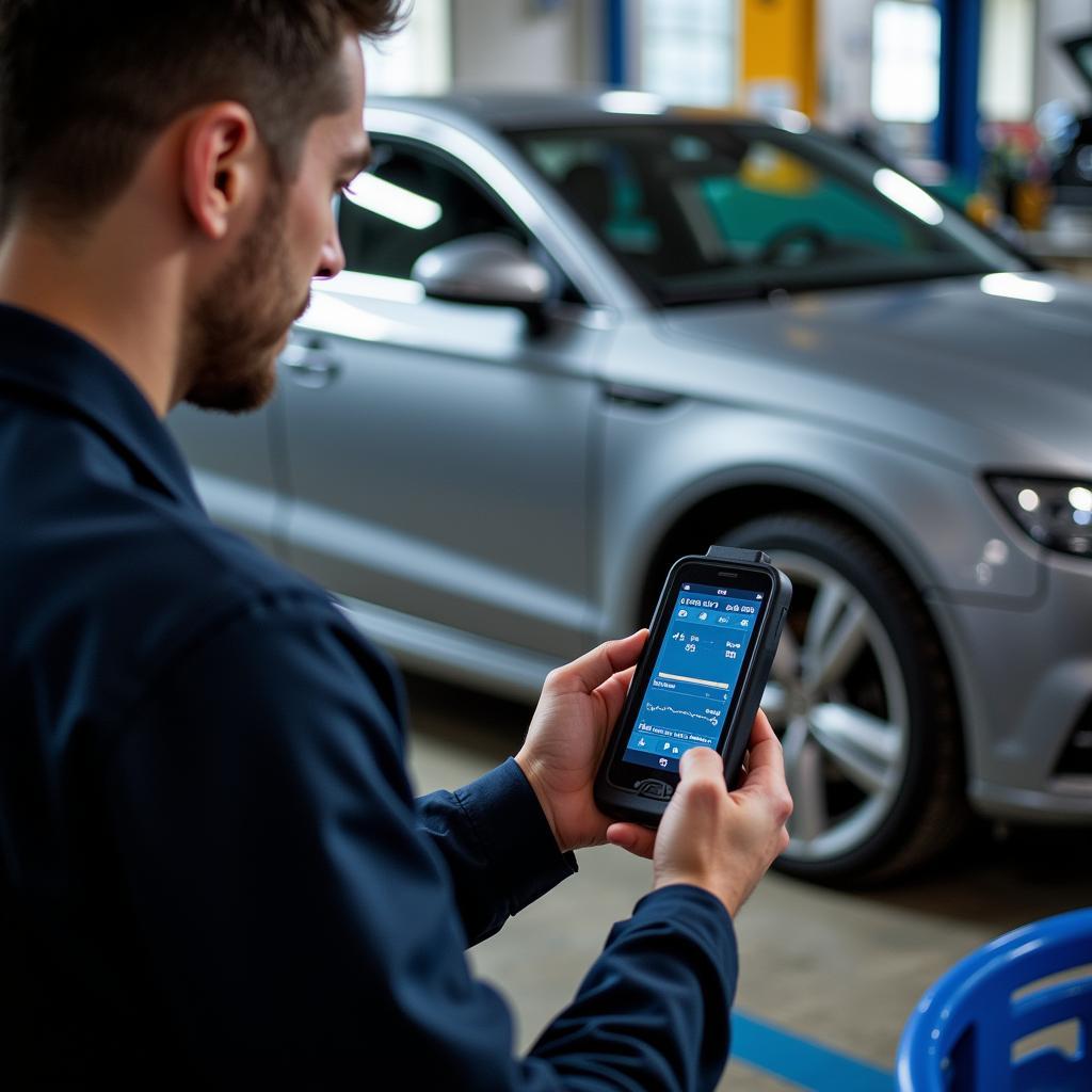 Mechanic Using a Digital Car Diagnostic Tool in a Workshop