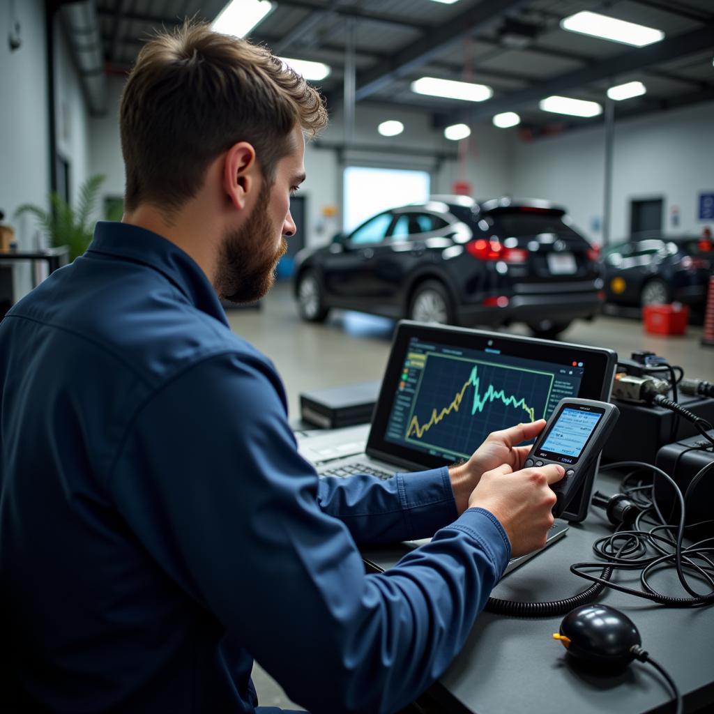 Mechanic Using Fcar Diagnostic Tool