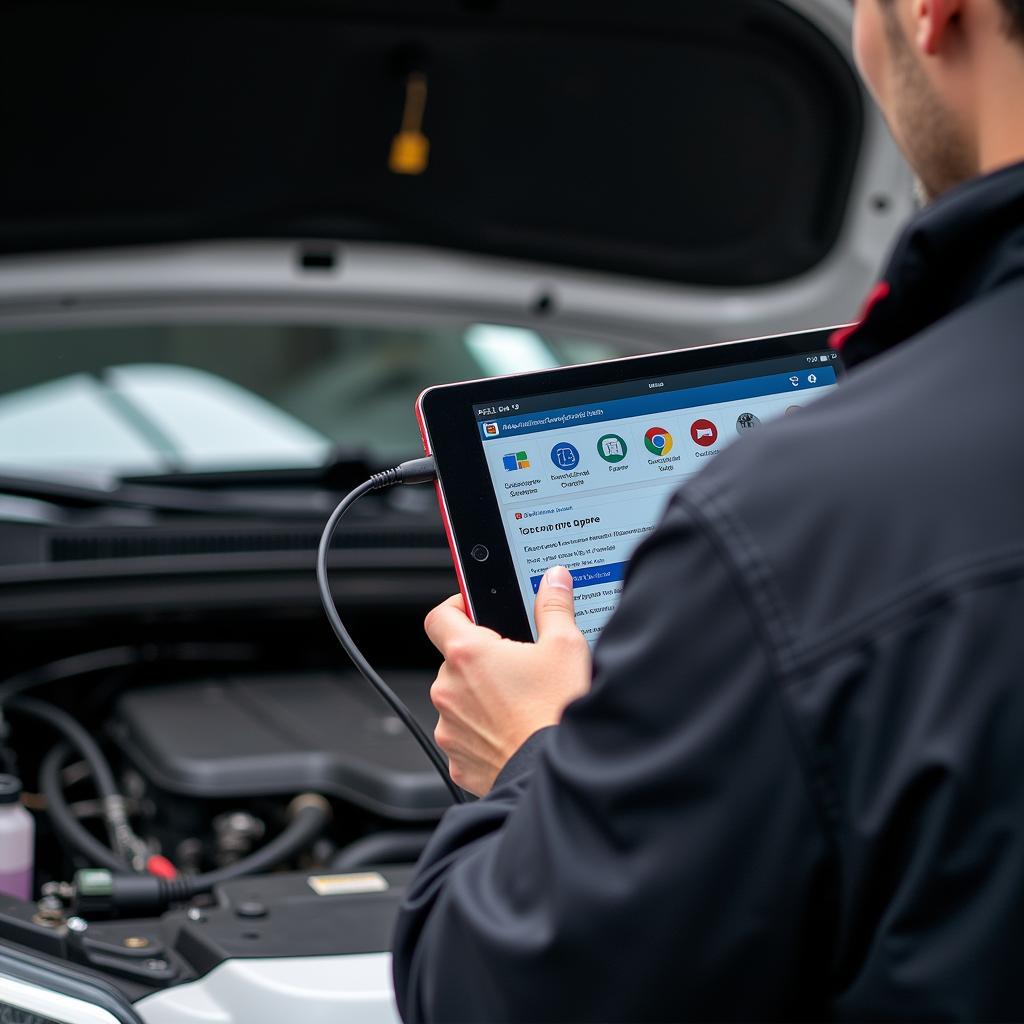 Mechanic Using Free Diagnostic Tool on a Tablet