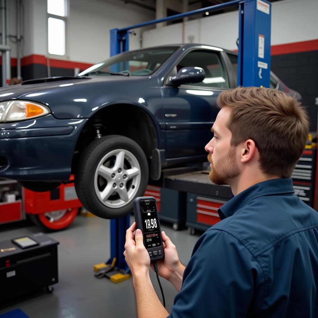 Mechanic Using KW808 Scanner for Car Diagnostics