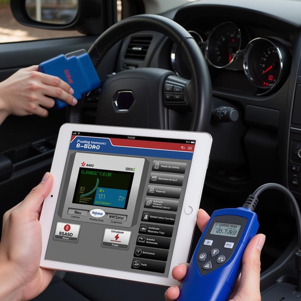 Mechanic using OBD2 ELM327 Scanner and Android Tablet