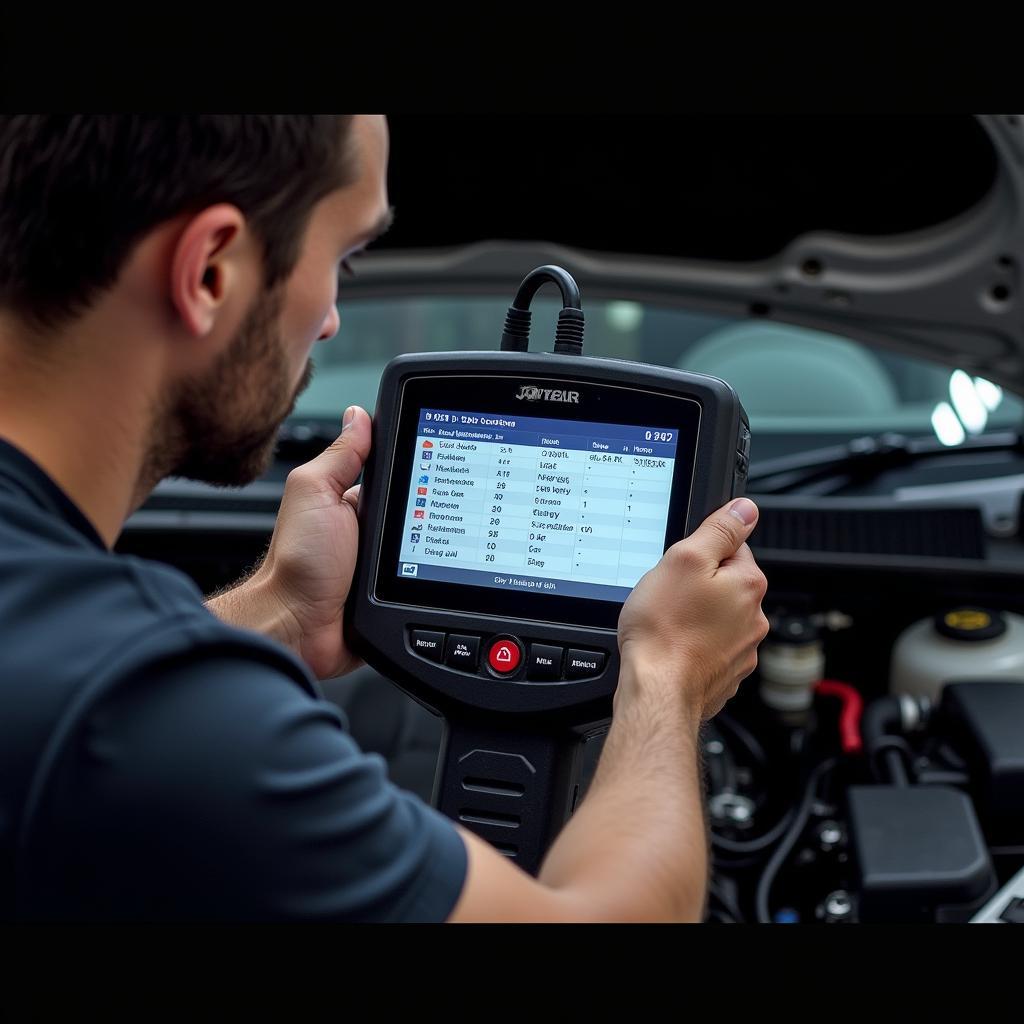 Mechanic using a scan tool to diagnose a car problem