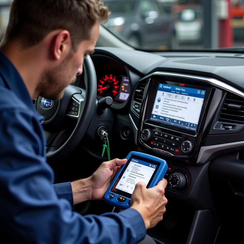 Mechanic Diagnosing Subaru Brakes with a Scan Tool