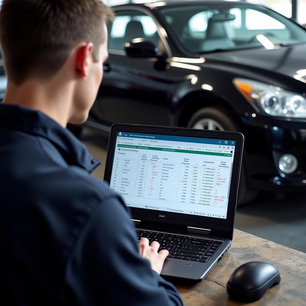 Mechanic using scan tool software on a laptop