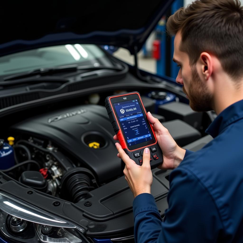 Mechanic Using a Scanner to Diagnose a Car Problem