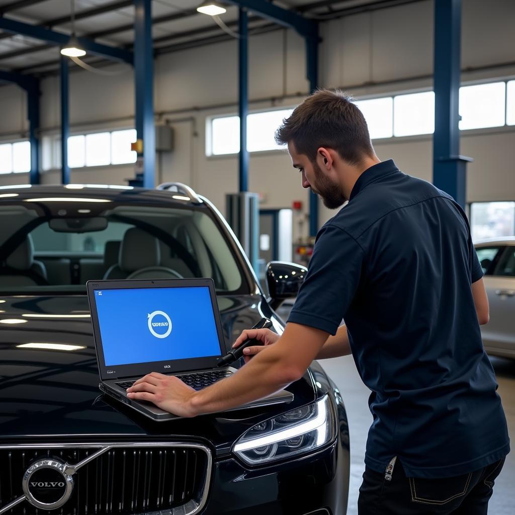 Mechanic using VIDA DICE to diagnose a Volvo car in a workshop setting.