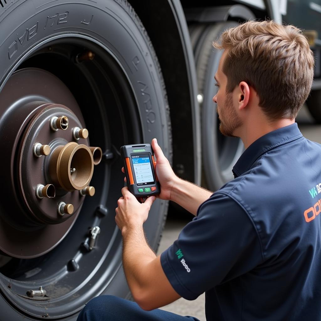 Mechanic Diagnosing Trailer Issues with Wabco Tool