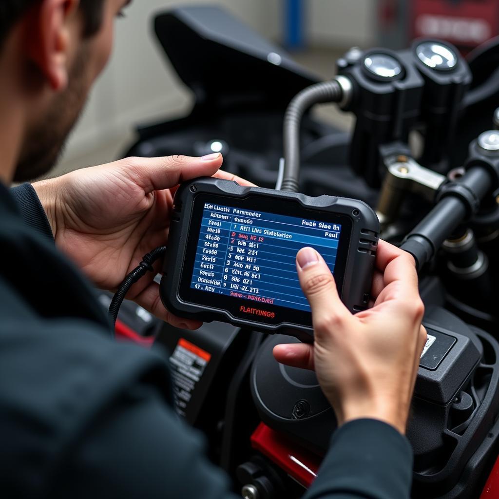 Motorcycle ECU Diagnostic Tool in Use