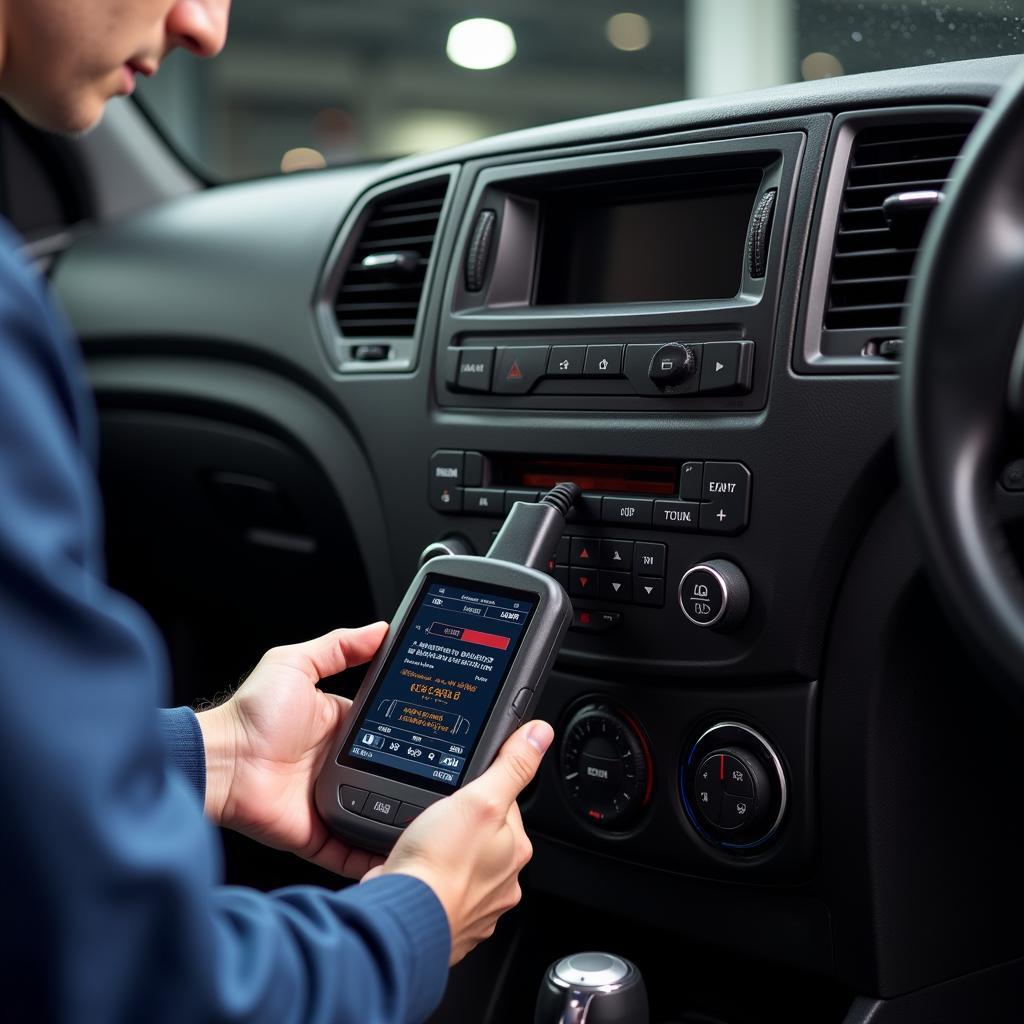 Mechanic using a multi car scanner to diagnose a vehicle