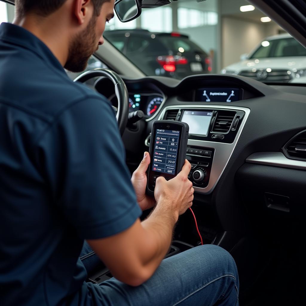 Mechanic using a Nissan car diagnostic tool