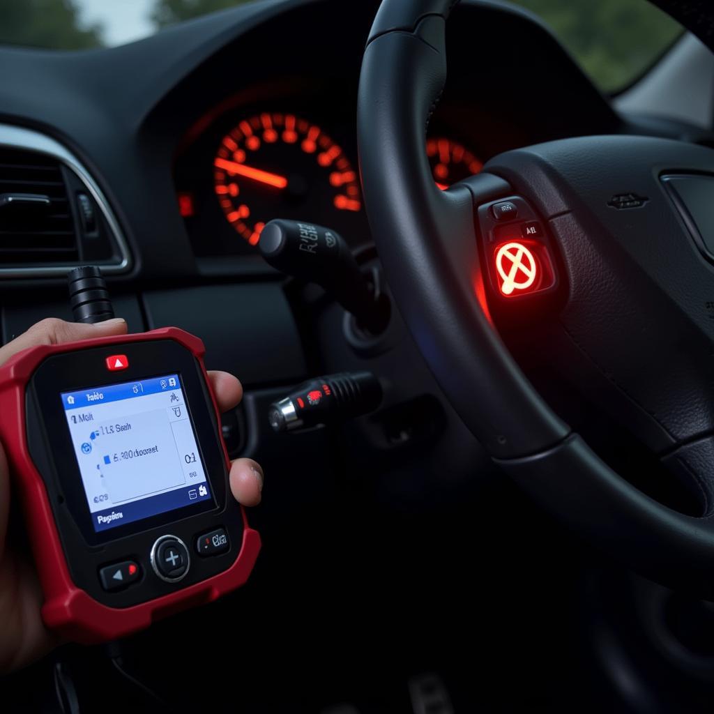 OBD1 Scan Tool Connected to Car with Check Engine Light On