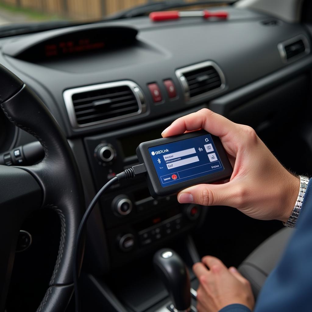 OBDLink LX Bluetooth Scan Tool connected to a car's OBD-II port in a Canadian garage.