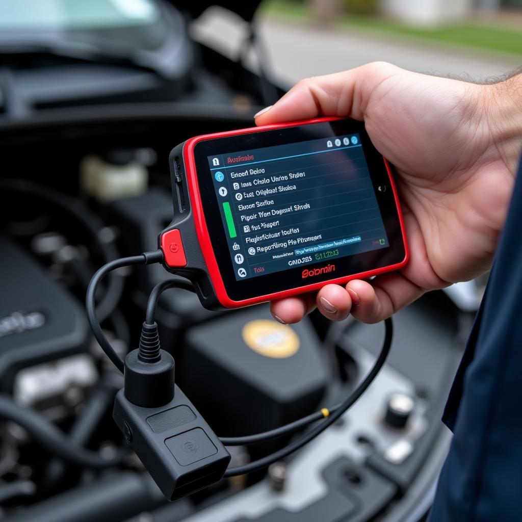 Paramedic using a diagnostic tool on a car engine