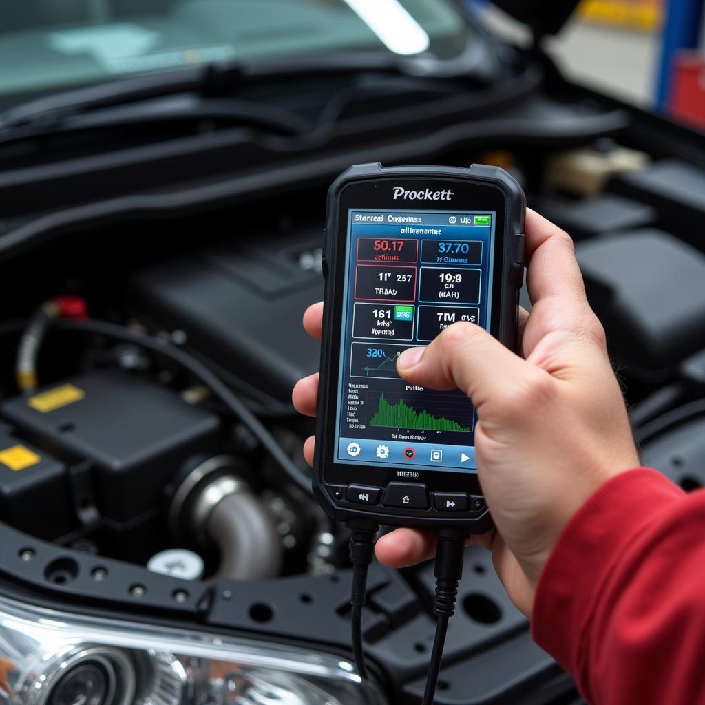 Technician using a Pocket Tech Pro Scan Tool to diagnose a car's engine.