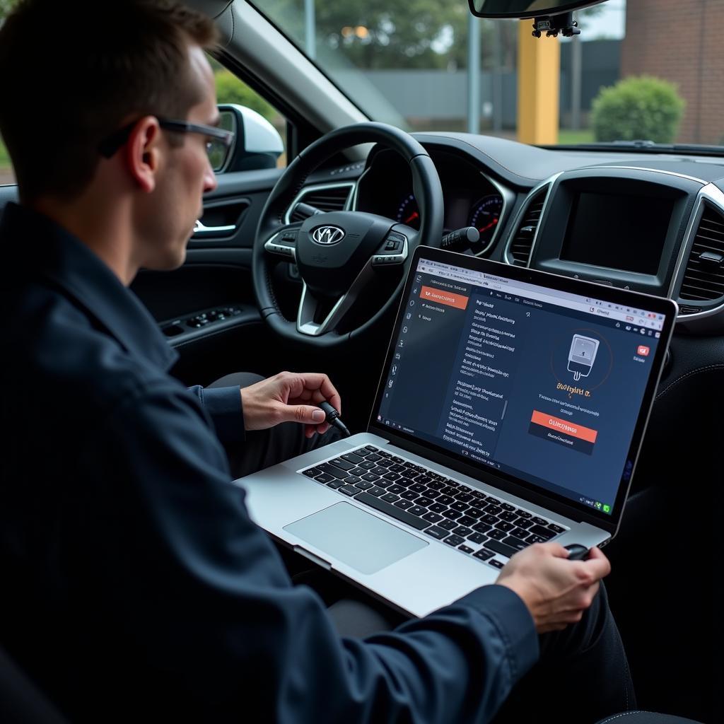 Automotive technician performing a power tool team virus scan on a laptop