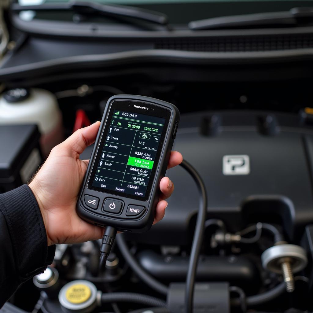 Technician using a recovery scan tool to diagnose a car.