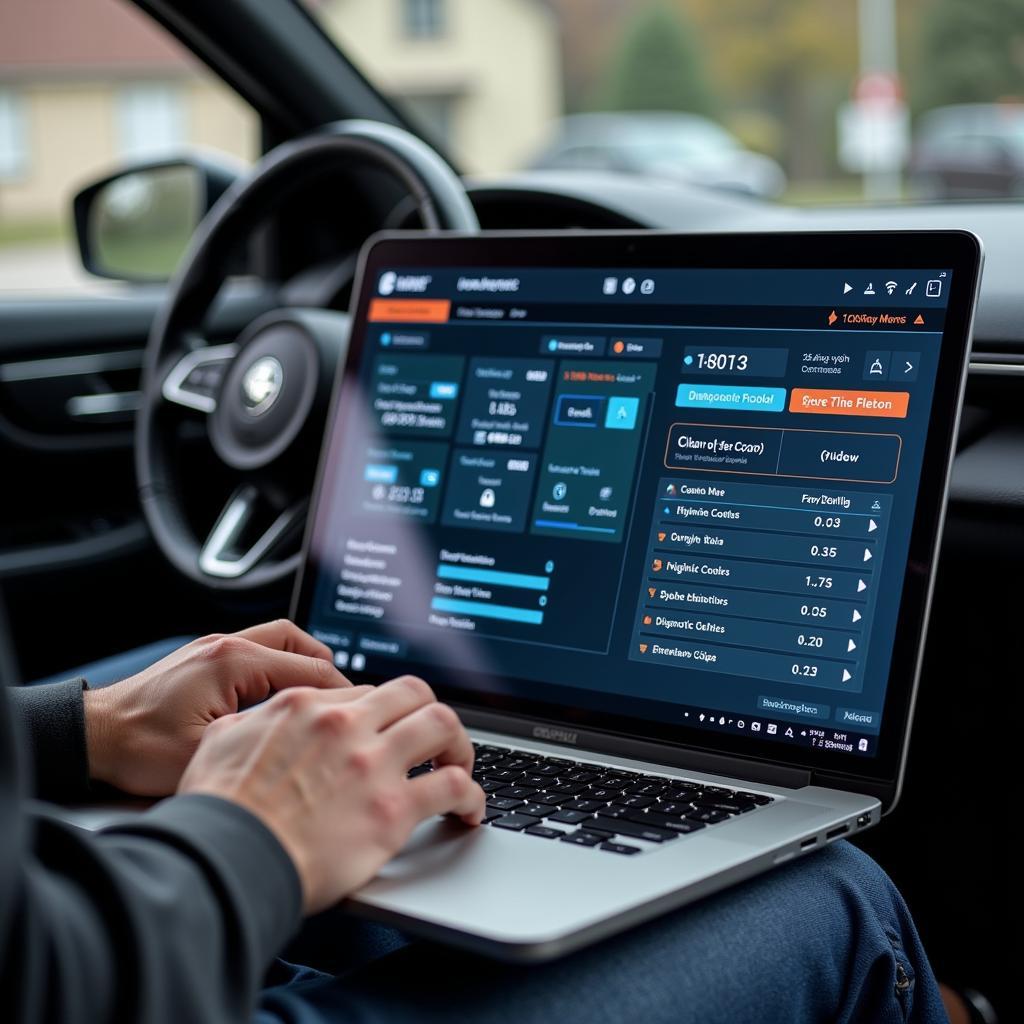 Laptop displaying a remote diagnostics interface, showing a car's diagnostic data.