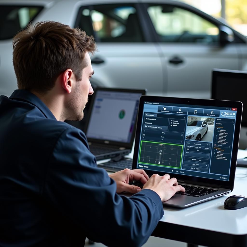 Technician performing remote diagnostics using a laptop