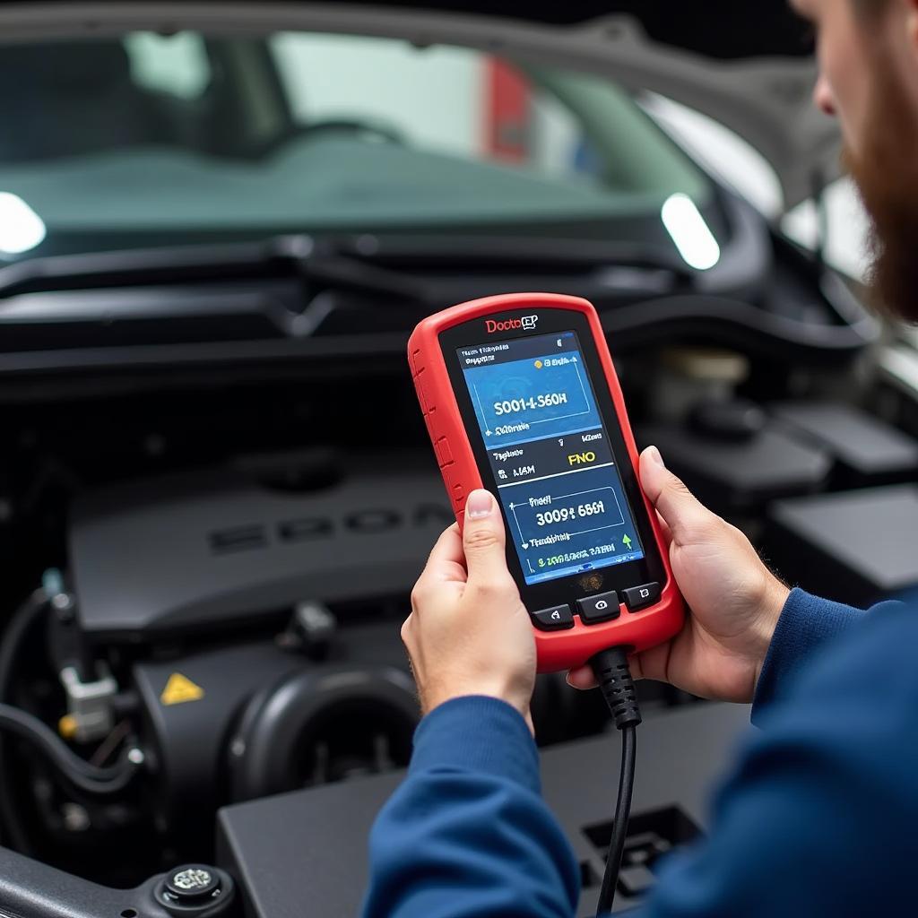 Automotive Technician Using a Scan and Doctor Tool to Diagnose a Car Engine Problem