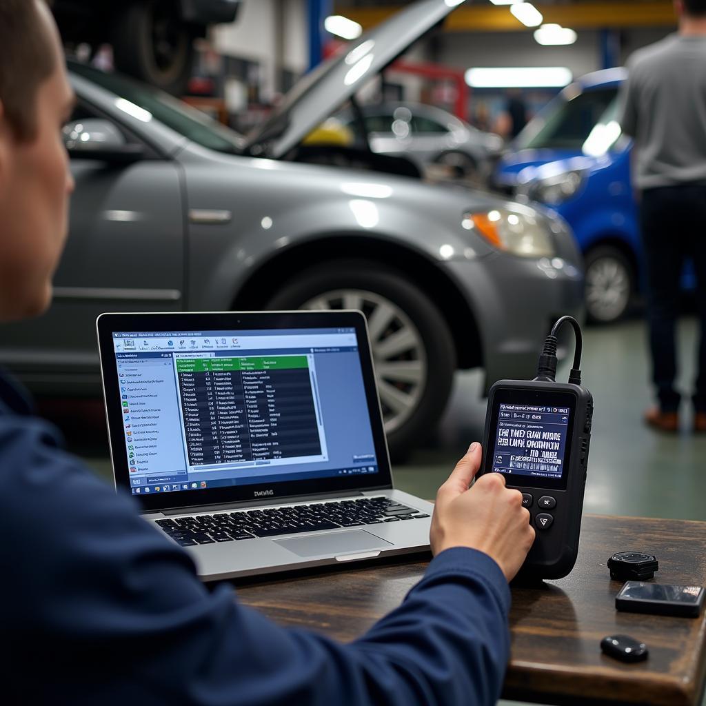 Technician using a scan cable avoidance tool to diagnose a car.