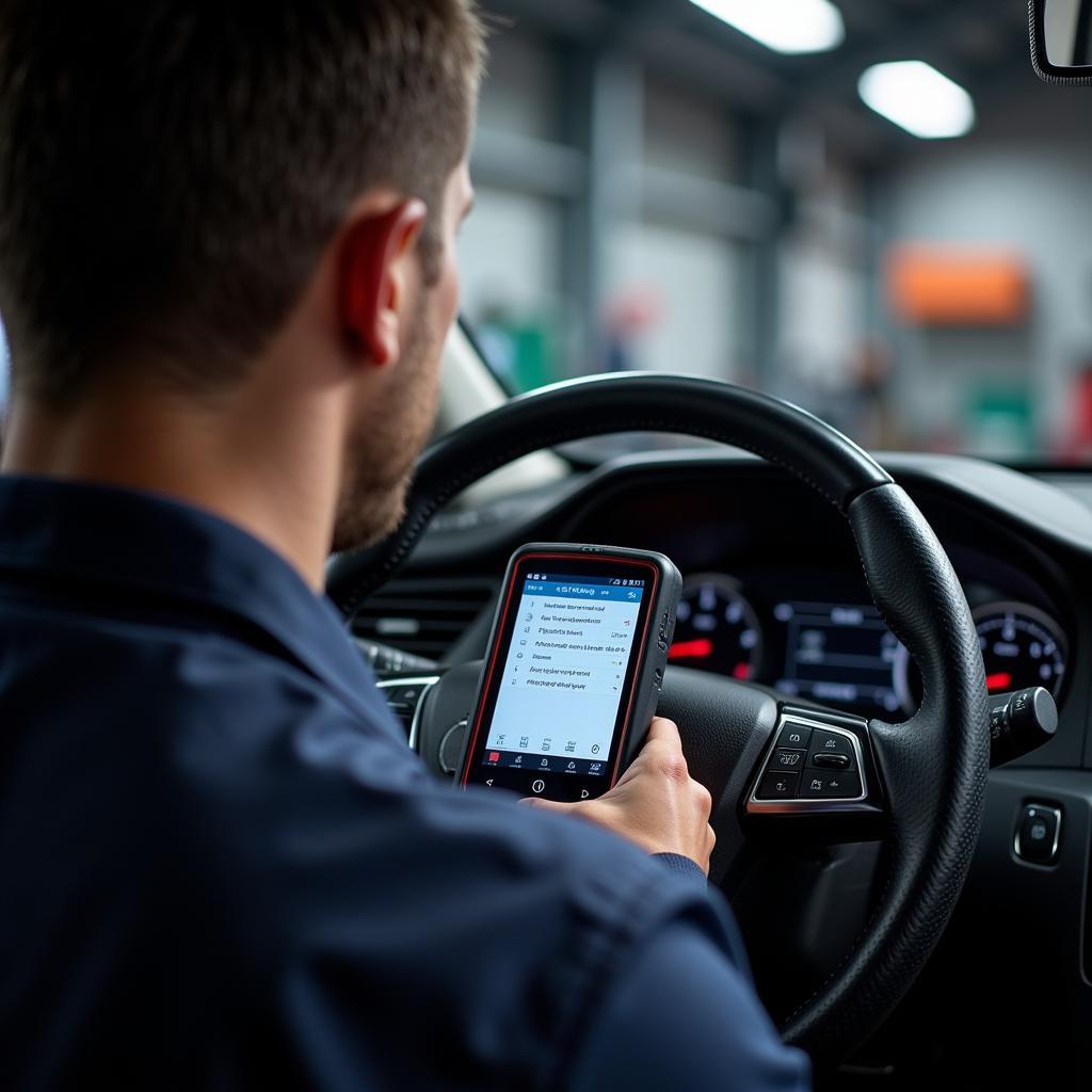 Mechanic Using Scan Tool to Clear Airbag Light