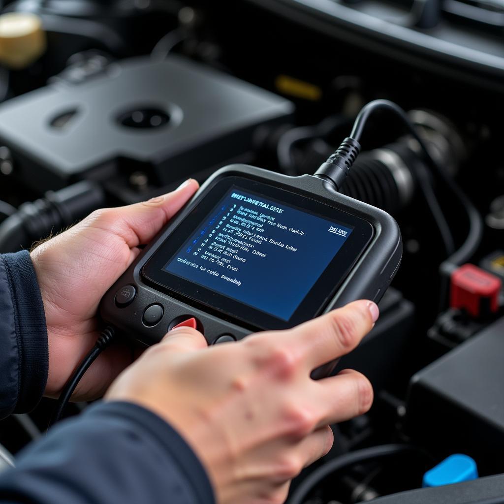 Mechanic using a scan tool to read car codes on a vehicle.