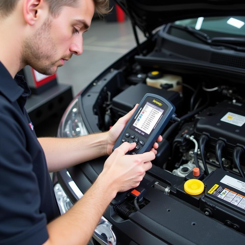 Mechanic Using a Scanning Tool on a Car