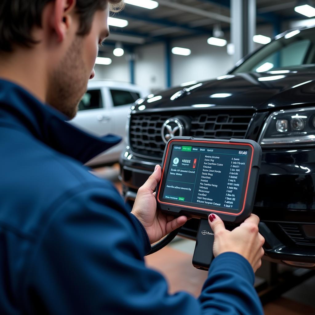 Technician using a server scan tool to diagnose a car's electrical system