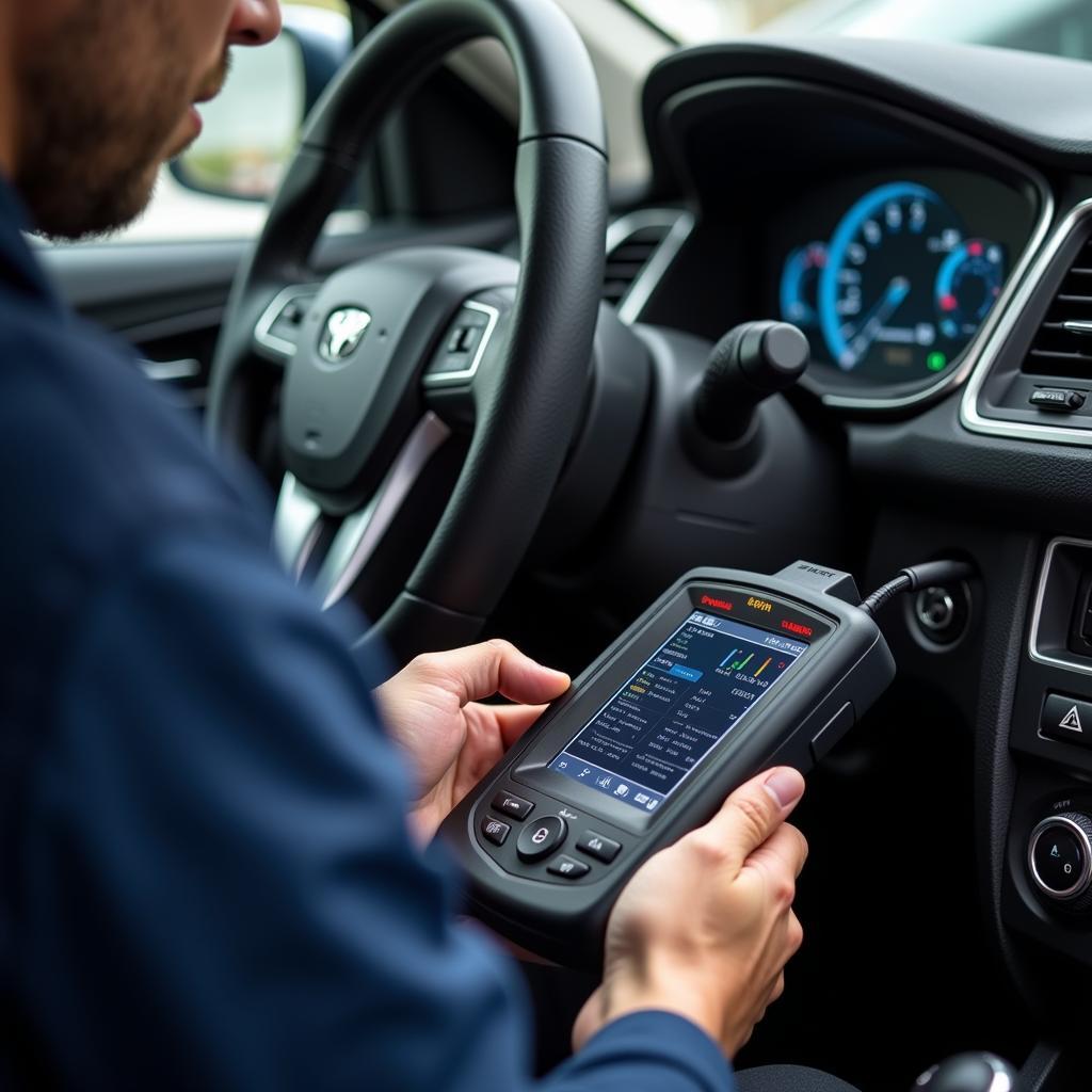 Technician Connecting a Support Diagnostic Tool to a Car's OBD-II Port