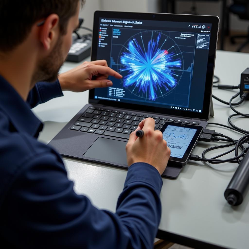 Technician using a surface diagnostic tool to troubleshoot a Surface Pro device.