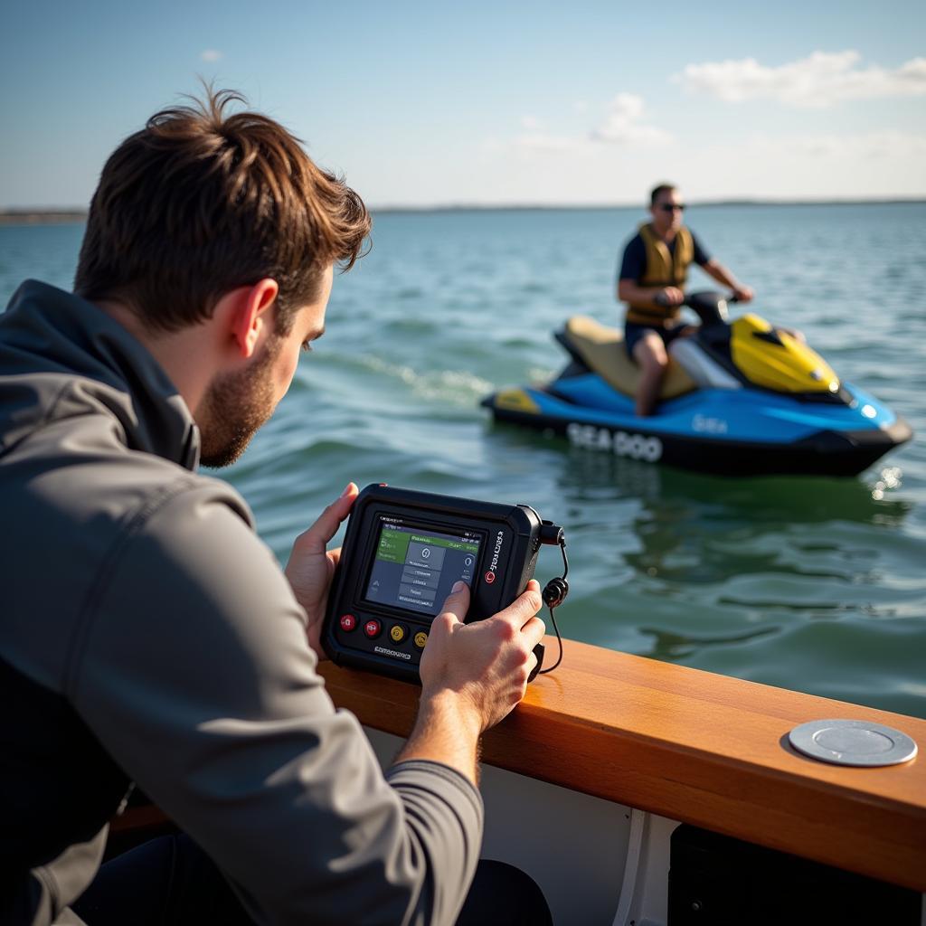 Technician using Bombardier Diagnostic Tool on a Sea-Doo