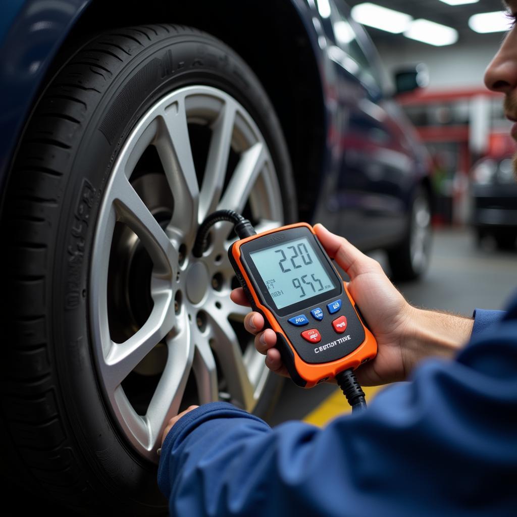 Using a Tire Pressure Sensor Diagnostic Tool on a Car Tire