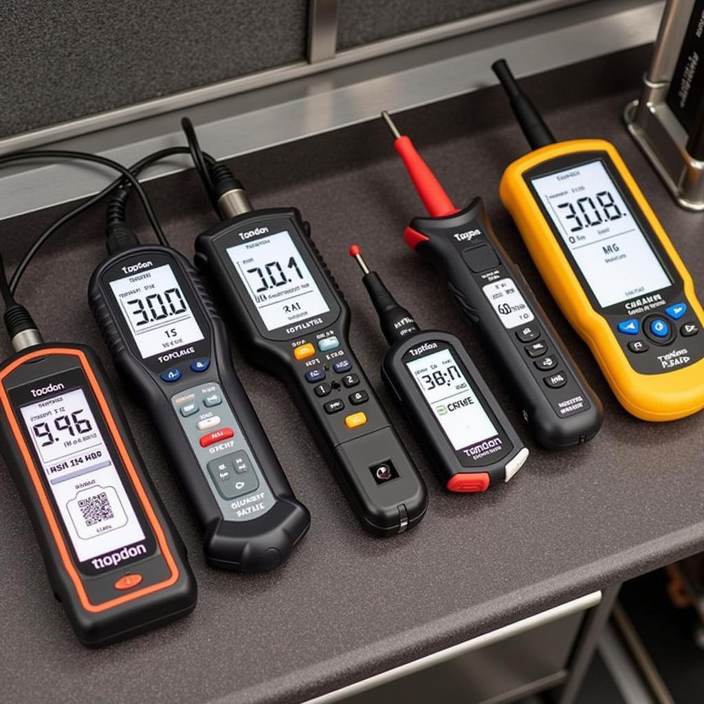 Different Topdon diagnostic tools displayed, showcasing their varying sizes and features.