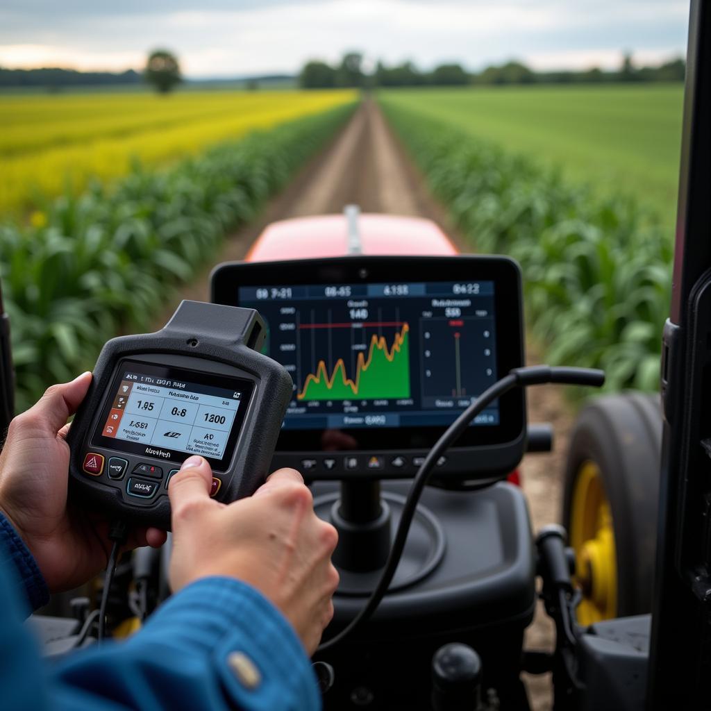 Farmer Using a Tractor Diagnostic Scan Tool in the Field