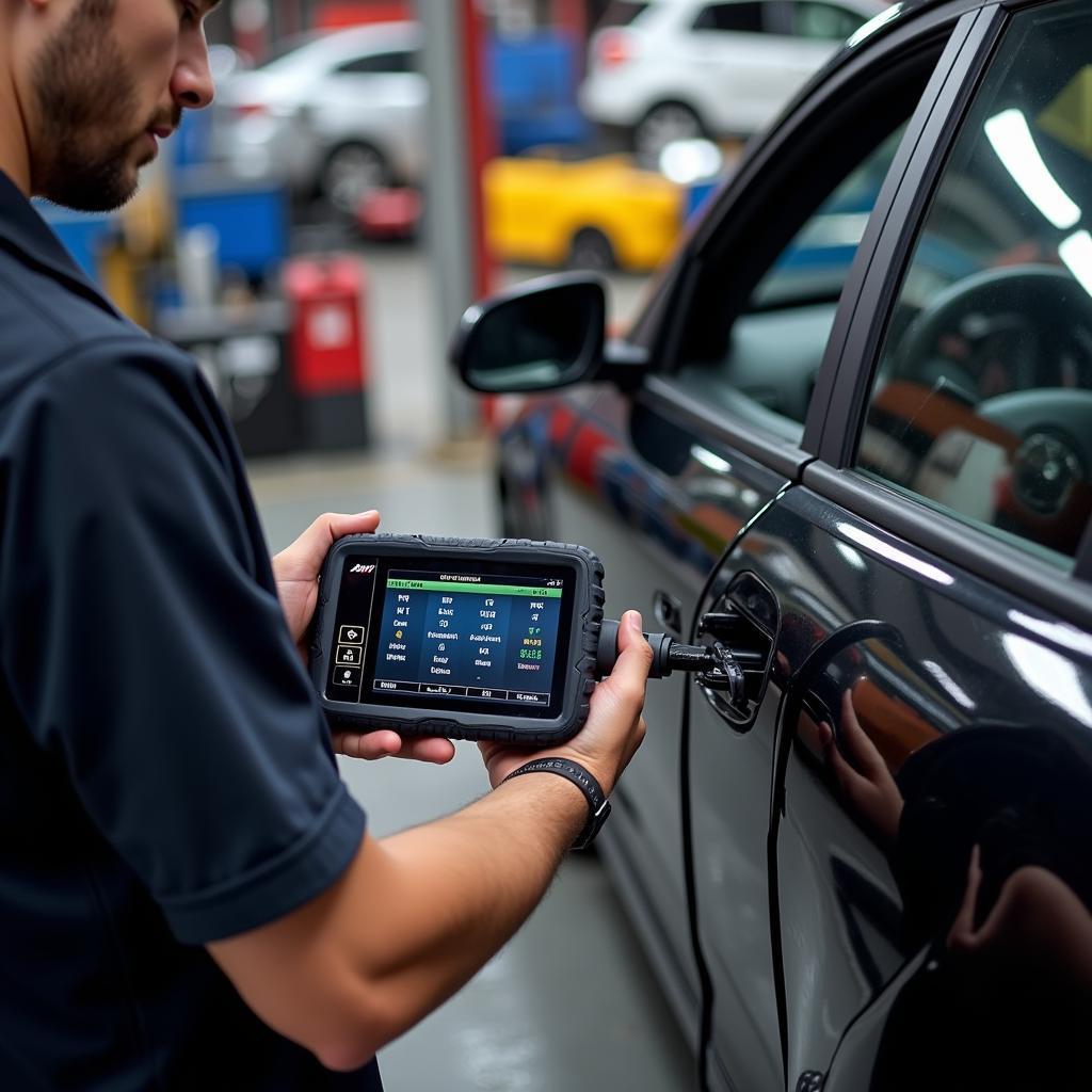 Mechanic Using a Universal Diagnostic Tool to Diagnose a Car Problem