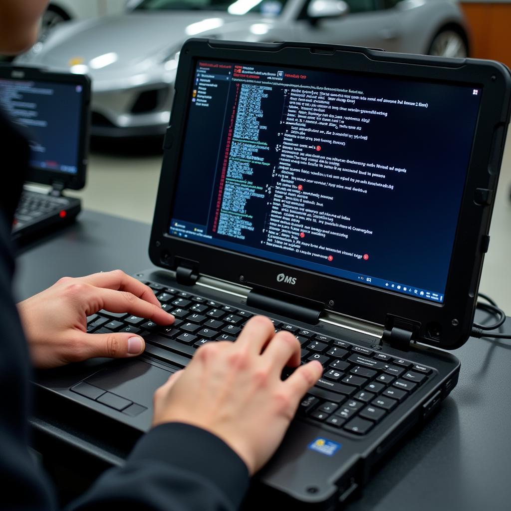 Using DOS-Based Diagnostic Tools:  A close-up image of a technician using a DOS-based diagnostic tool to diagnose a car problem. The screen displays diagnostic information and codes.