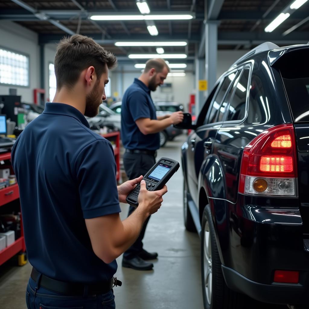 Technician using the x431 pro 3 wirelessly in a workshop setting