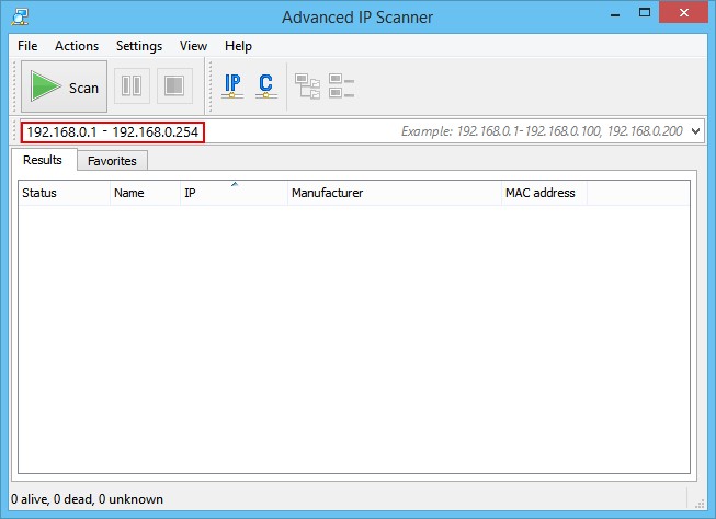 Advanced IP Scanner initial interface, ready for IP range input