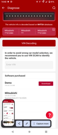 Thinkcar OBD scanner VIN decoding process for Mitsubishi Outlander PHEV battery maintenance - Step 1